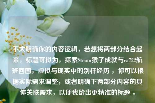 不太明确你的内容逻辑,若想将两部分结合起来,标题可拟为,探索Steam猴子成就与ca722航班回国,虚拟与现实中的别样经历 ,你可以根据实际需求调整,或者明确下两部分内容的具体关联需求,以便我给出更精准的标题 。
