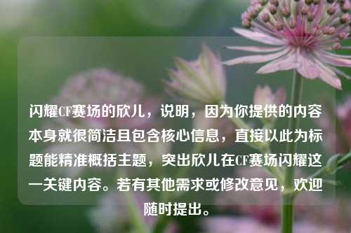 闪耀CF赛场的欣儿,说明,因为你提供的内容本身就很简洁且包含核心信息,直接以此为标题能精准概括主题,突出欣儿在CF赛场闪耀这一关键内容。若有其他需求或修改意见,欢迎随时提出。