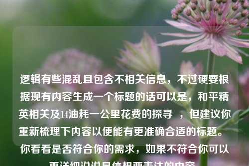 逻辑有些混乱且包含不相关信息，不过硬要根据现有内容生成一个标题的话可以是，和平精英相关及14油耗一公里花费的探寻  ，但建议你重新梳理下内容以便能有更准确合适的标题。 你看看是否符合你的需求，如果不符合你可以再详细说说具体想要表达的内容。