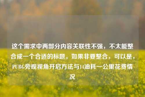 这个需求中两部分内容关联性不强,不太能整合成一个合适的标题。如果非要整合,可以是,PUBG旁观视角开启方法与14油耗一公里花费情况