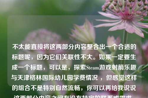 不太能直接将这两部分内容整合出一个合适的标题呢,因为它们关联性不大。如果一定要生成一个标题,可以是,探索Steam游戏射箭乐趣与天津格林国际幼儿园学费情况 ,但感觉这样的组合不是特别自然流畅,你可以再给我说说这两部分内容之间有没有特定的联系或需求,以便我更好地为你生成标题 。